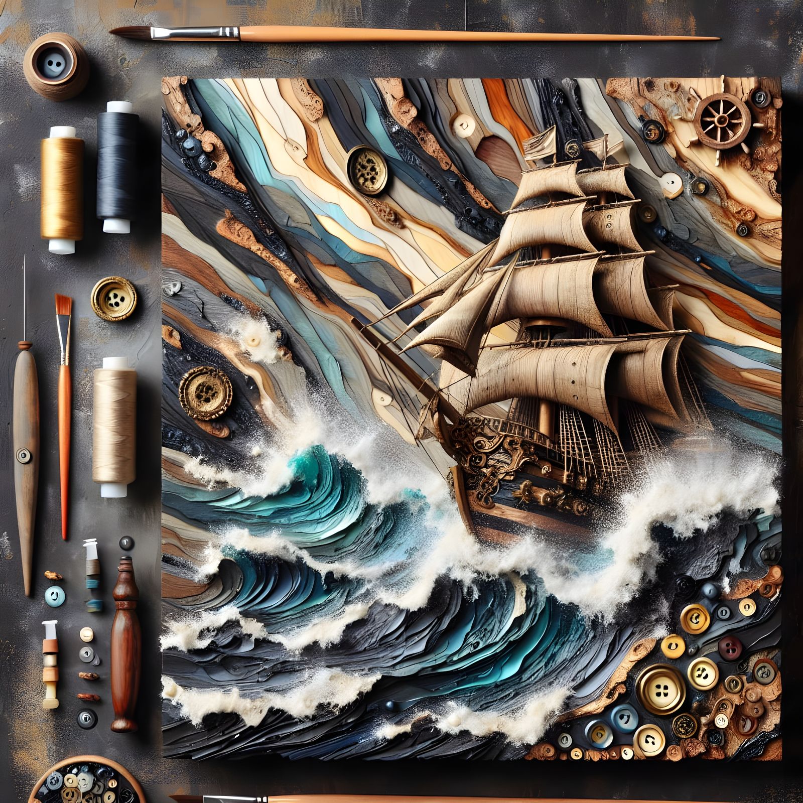 Pirate Ship in Turbulent Waves, Mixed Media Art