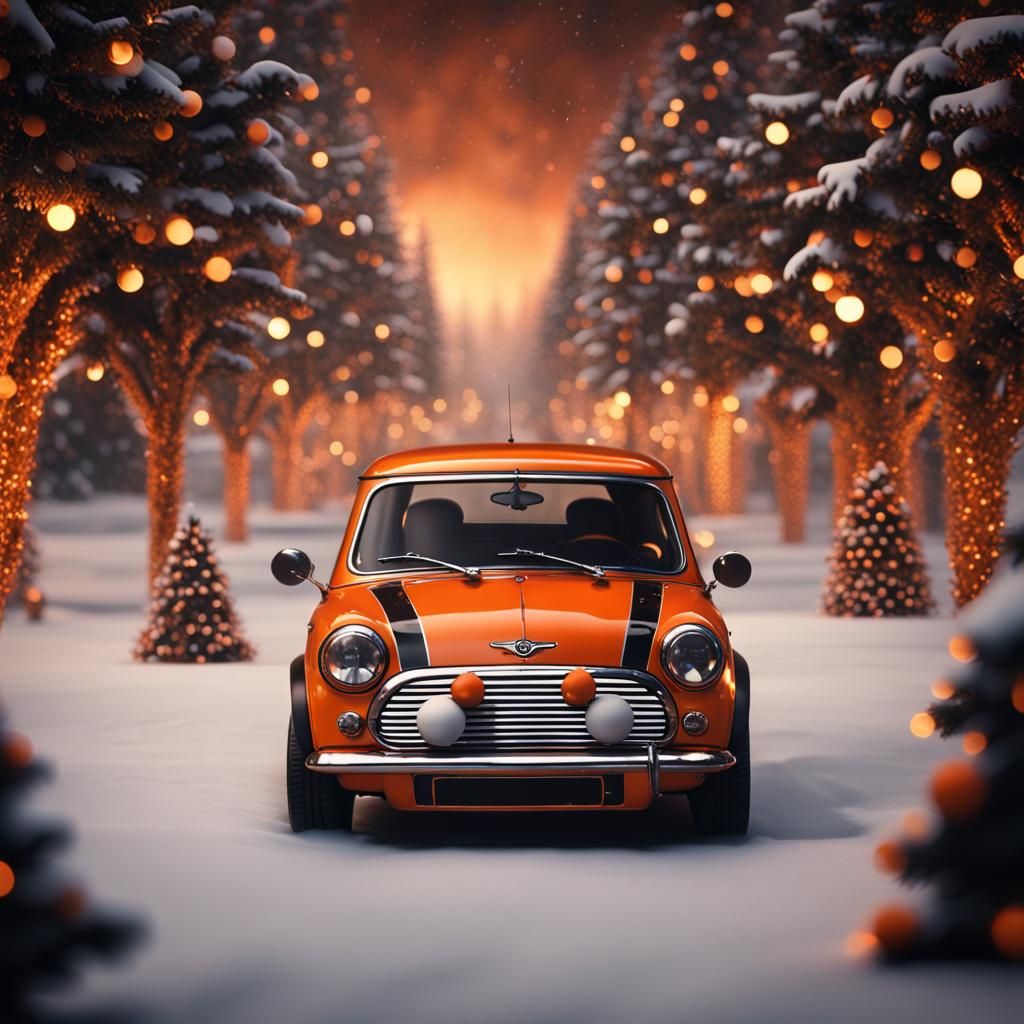 Orange Mini Cooper Christmas Background in Digital Art