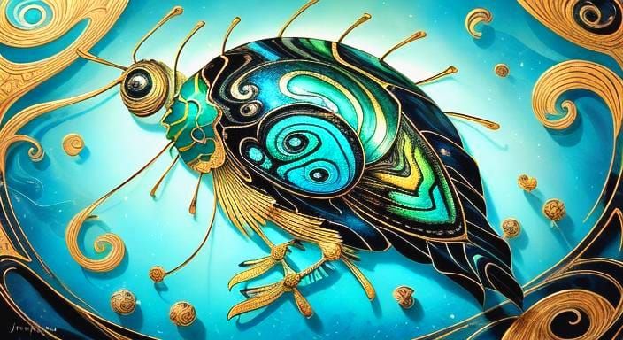Cicada with Gold Filigree and Neon Eyes
