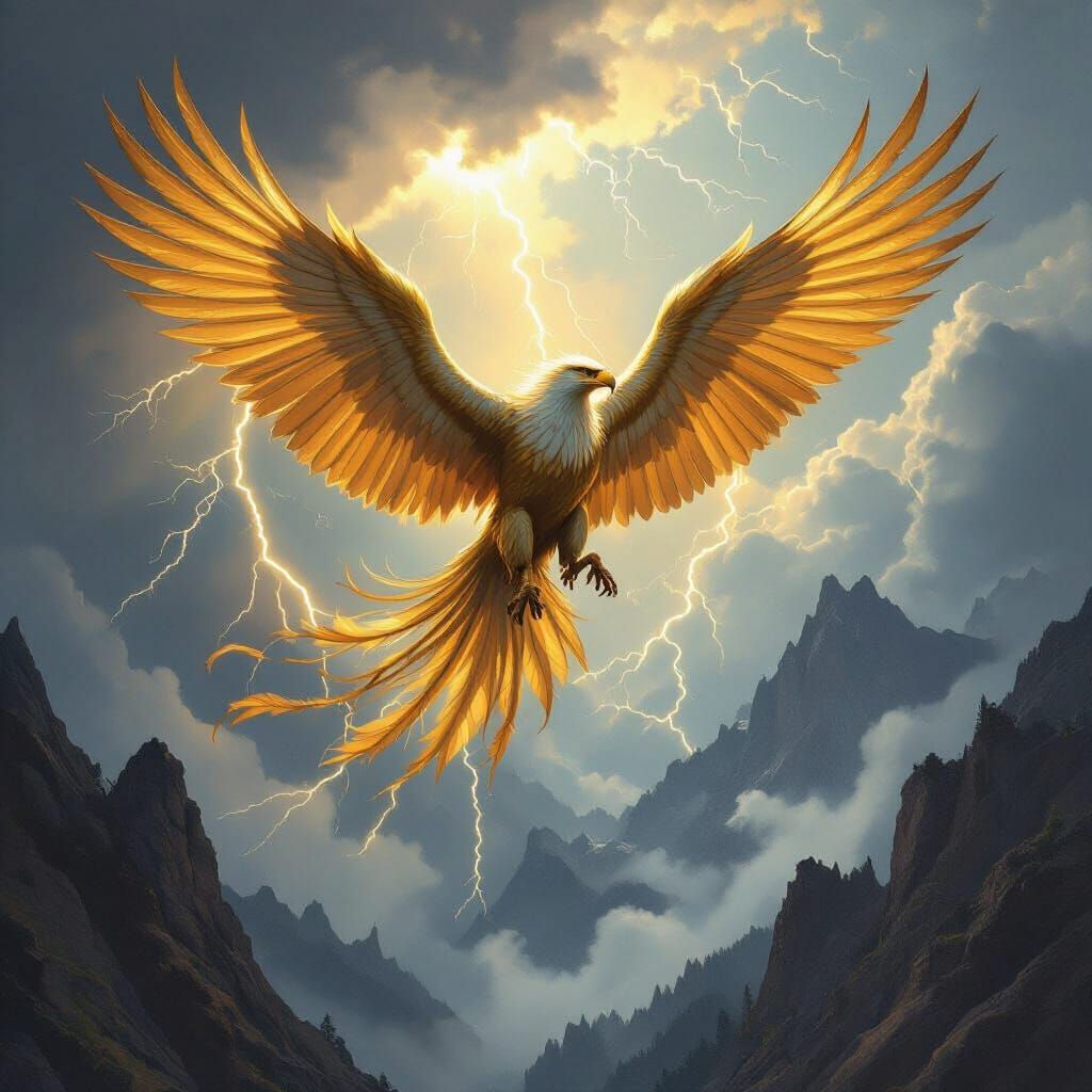 Majestic Griffin Soaring Through Stormy Sky as Oil Painting