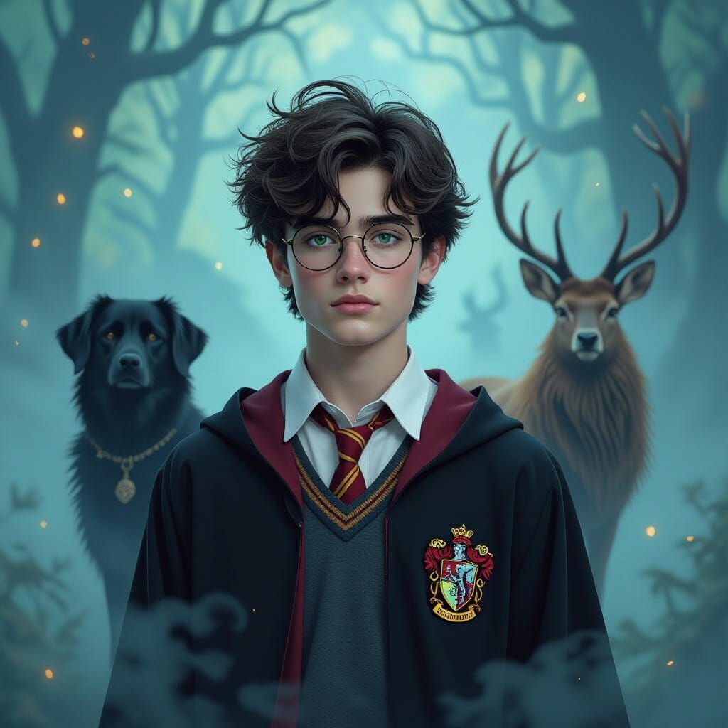 Boy Wizard with Stag and Dog in Dreamy Style