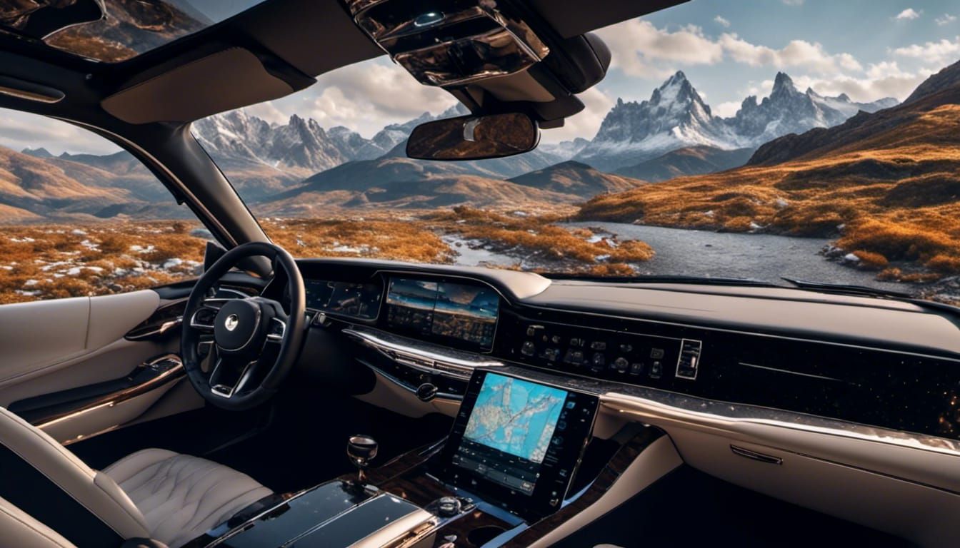 GPS Navigation in Luxury Car with Mountain View