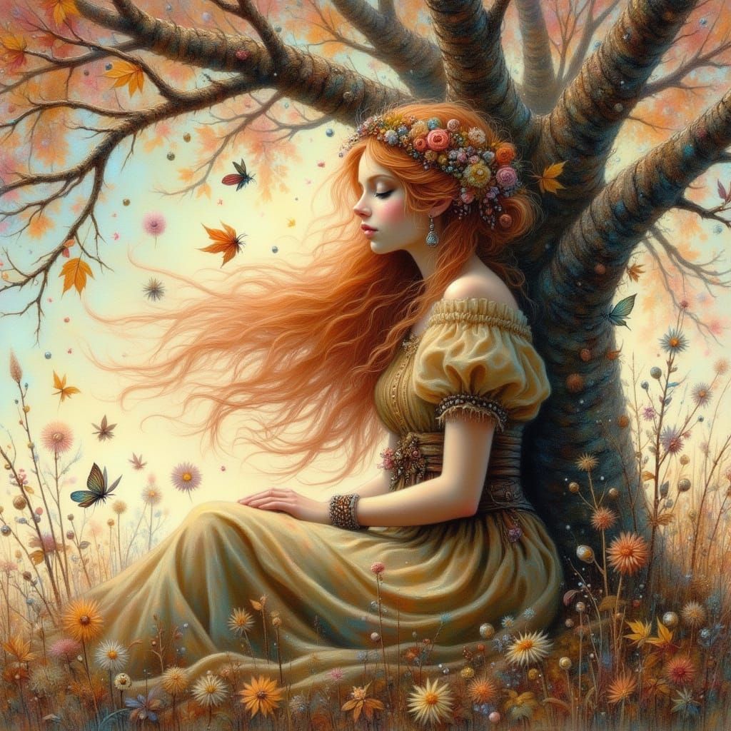 Woman in Autumn Gown with Fireflies Under Oak Tree