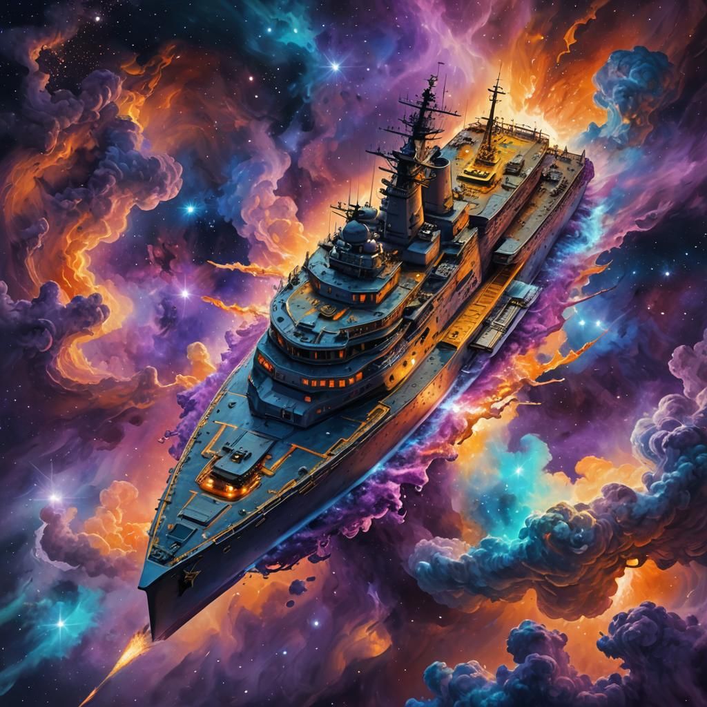 Futuristic US Naval Ship in Iridescent Nebula
