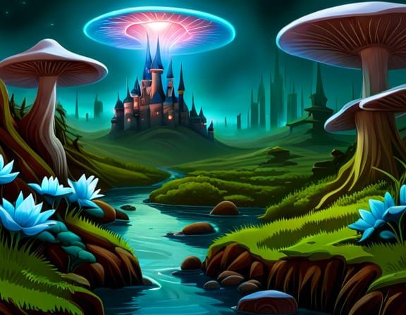Bioluminescent Mushroom Forest Digital Painting