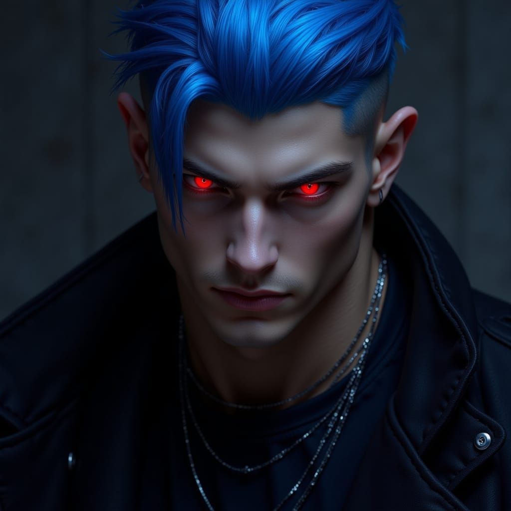 Electric Blue Haired Man with Ruby Eyes in Cinematic Style