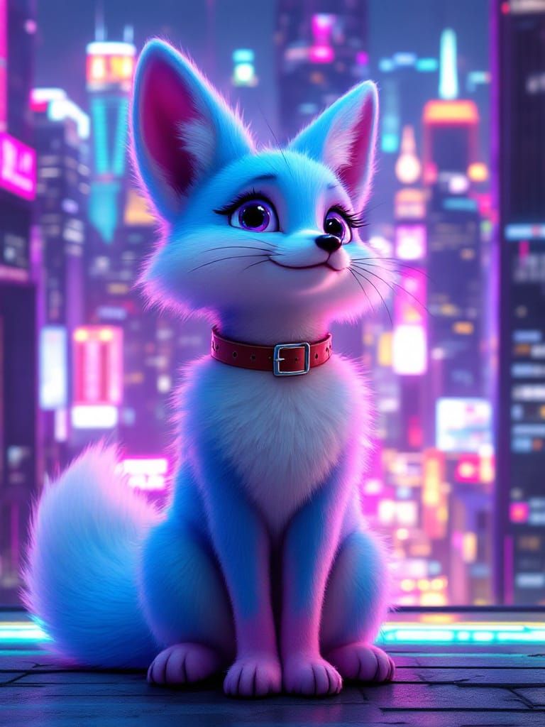 Pastel Fox on Neon Rooftop in Cyberpunk City