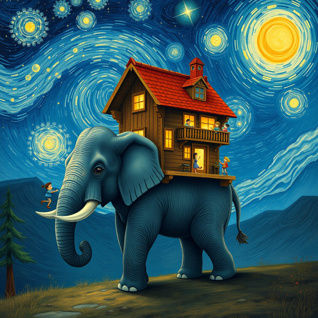 Cosmic Elephant Village in Whimsical Art Style
