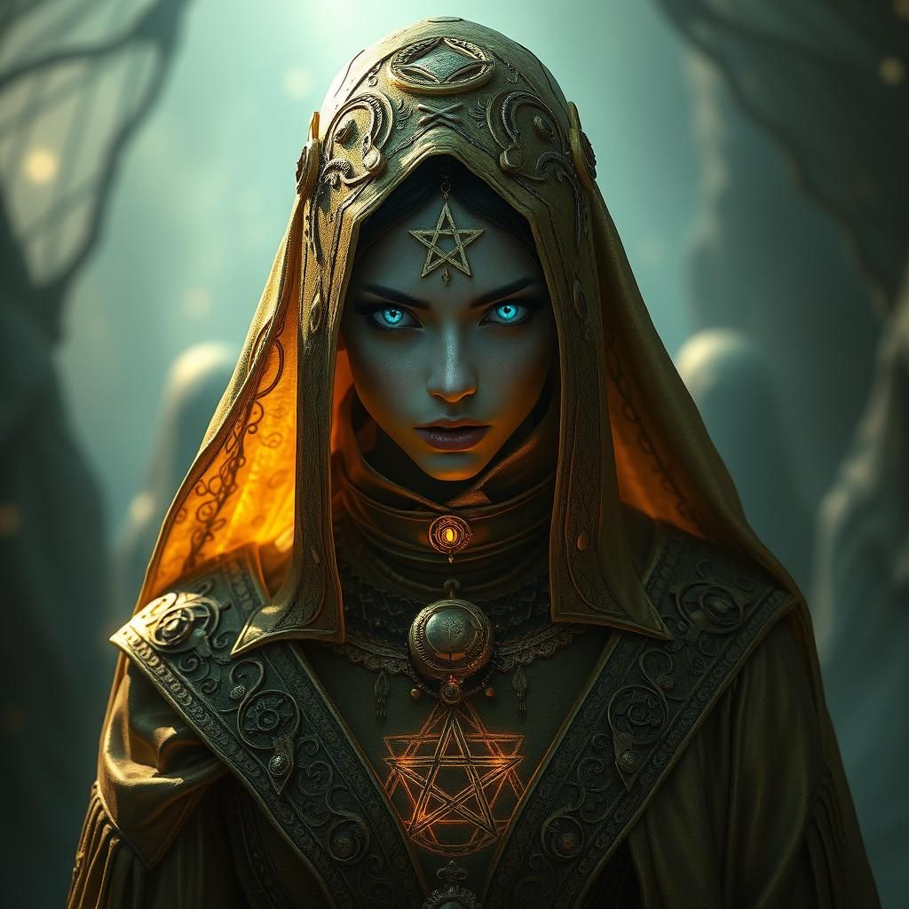 Ethereal Cultist in Gold with Occult Symbols