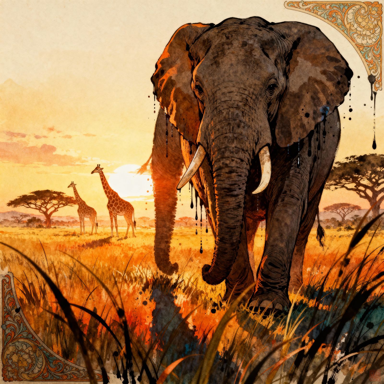 African Sunrise giraffes elephants by James Gurney, Jeremy M...