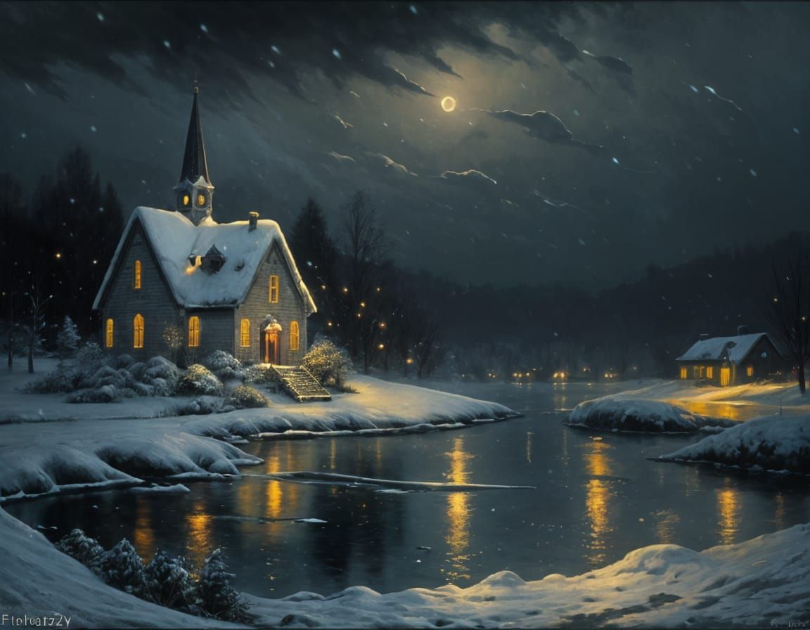 Snowy Church at Night in Luminist Style