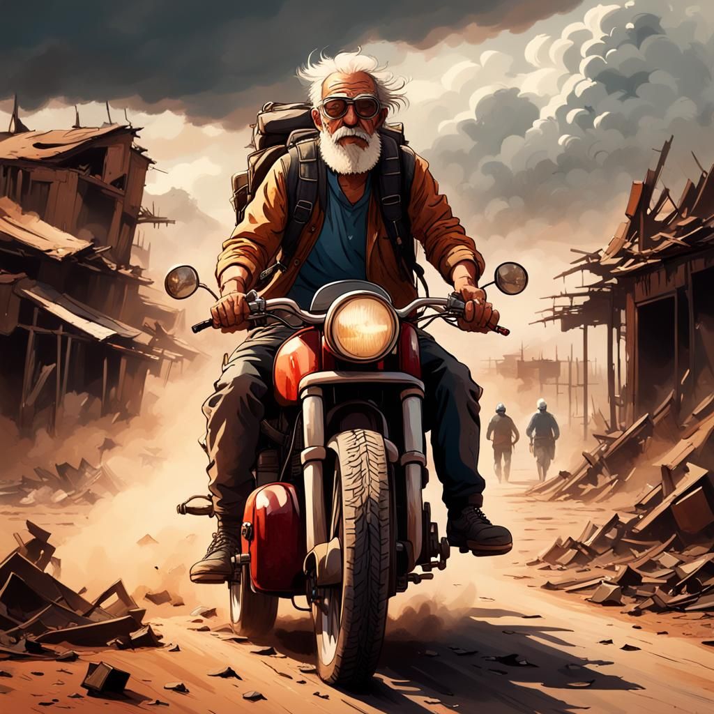 Dusty Biker on Desert Road in Comic Book Art