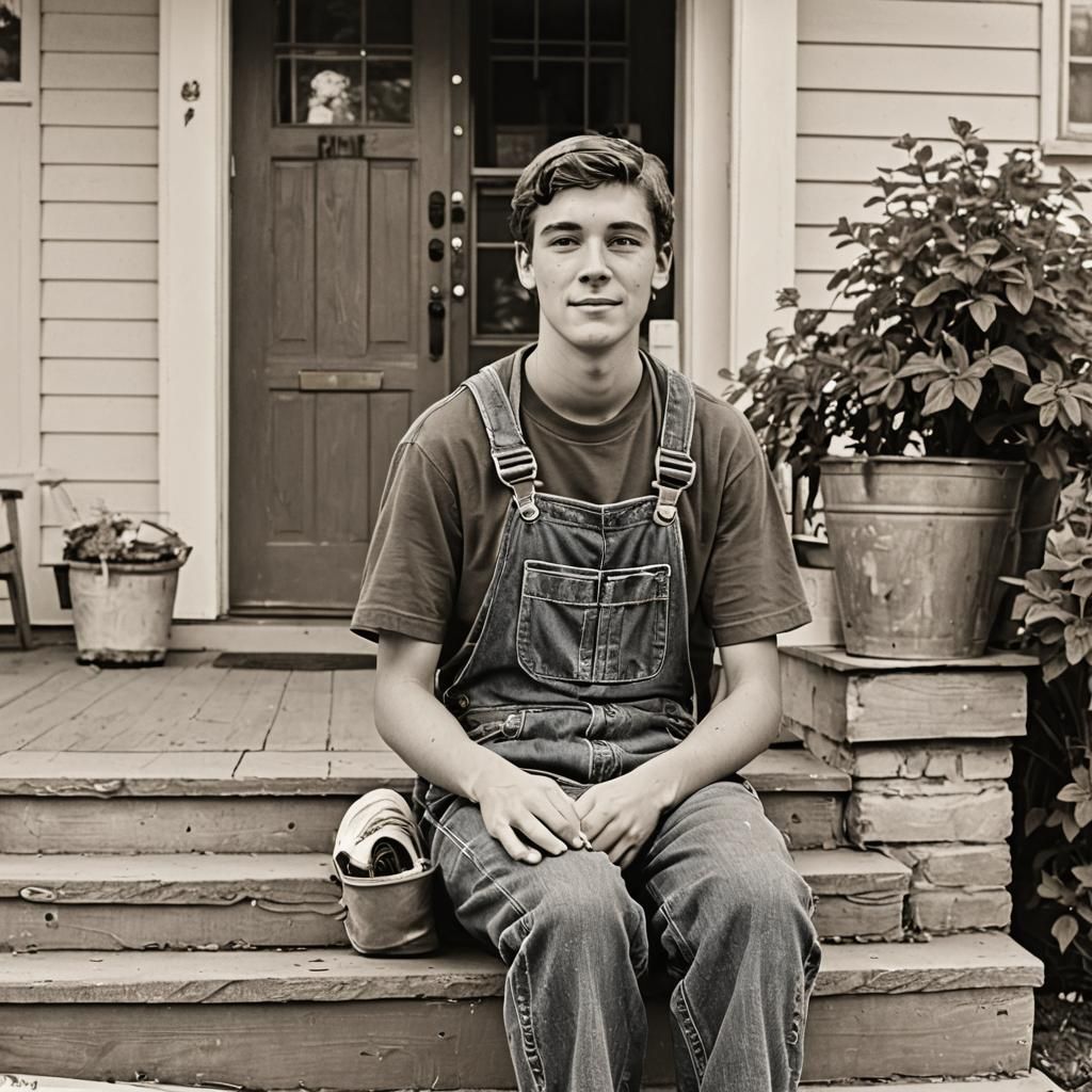 Teenage Pair in Overalls on August Porch
