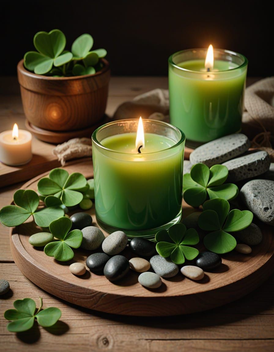 Cozy Still Life with Green Candle and Natural Elements