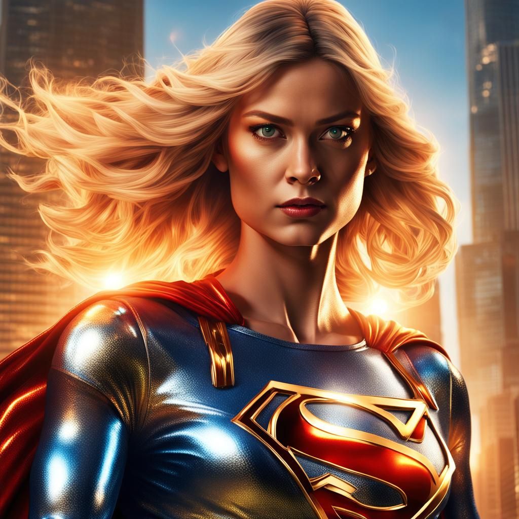 Supergirl Portrait in Liquid Chrome, Hyper-Realistic Digital...