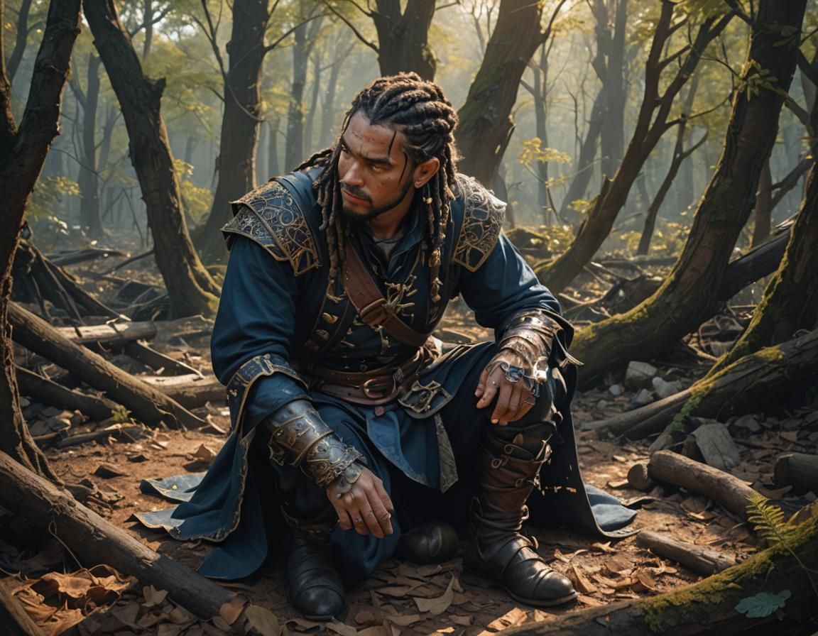 Injured Pirate Kneeling in Ruined Forest, Anime Style