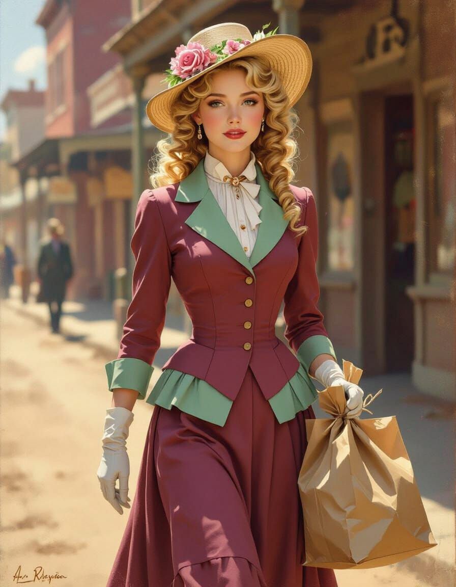 Young Woman in Rose & Mint Suit on Western Street