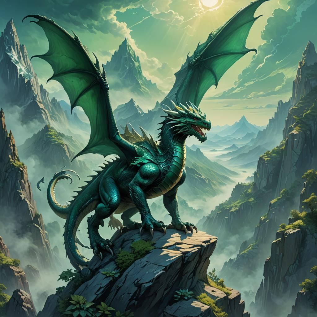Emerald Dragon Spreads Wings on Mountain Peak