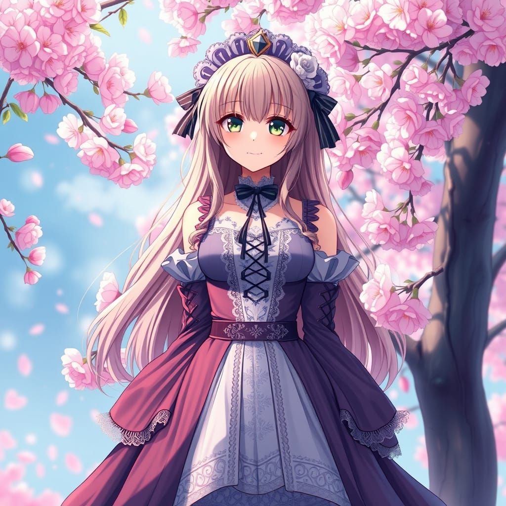 Anime Girl in Gothic Lolita Dress with Cherry Blossoms