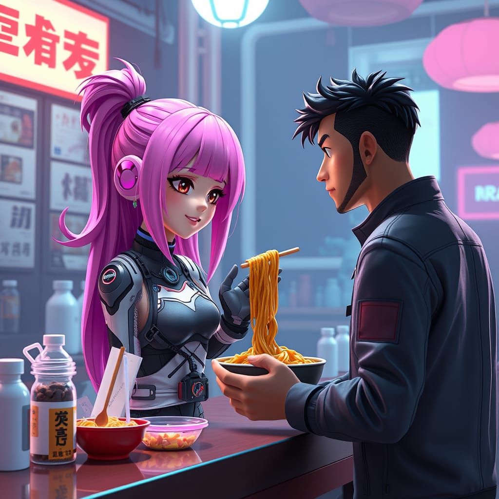 Cybernetic Girl Serves Noodles in Neotokio, 3D Digital Art