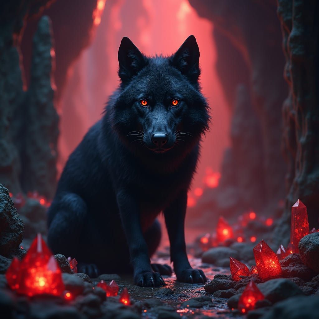 Mysterious Black Wolf in Crimson Cave