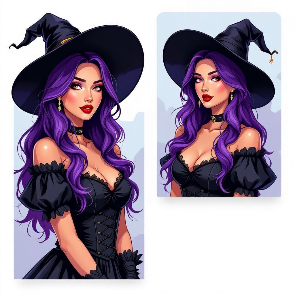 Pretty Purple Haired Woman in Witch Halloween Costume