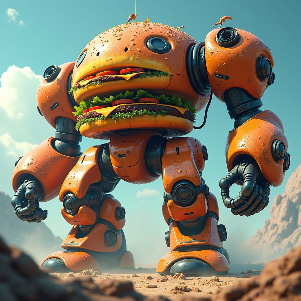 Gigantic Burger Mecha in Hyper-Real Sci-Fi Style