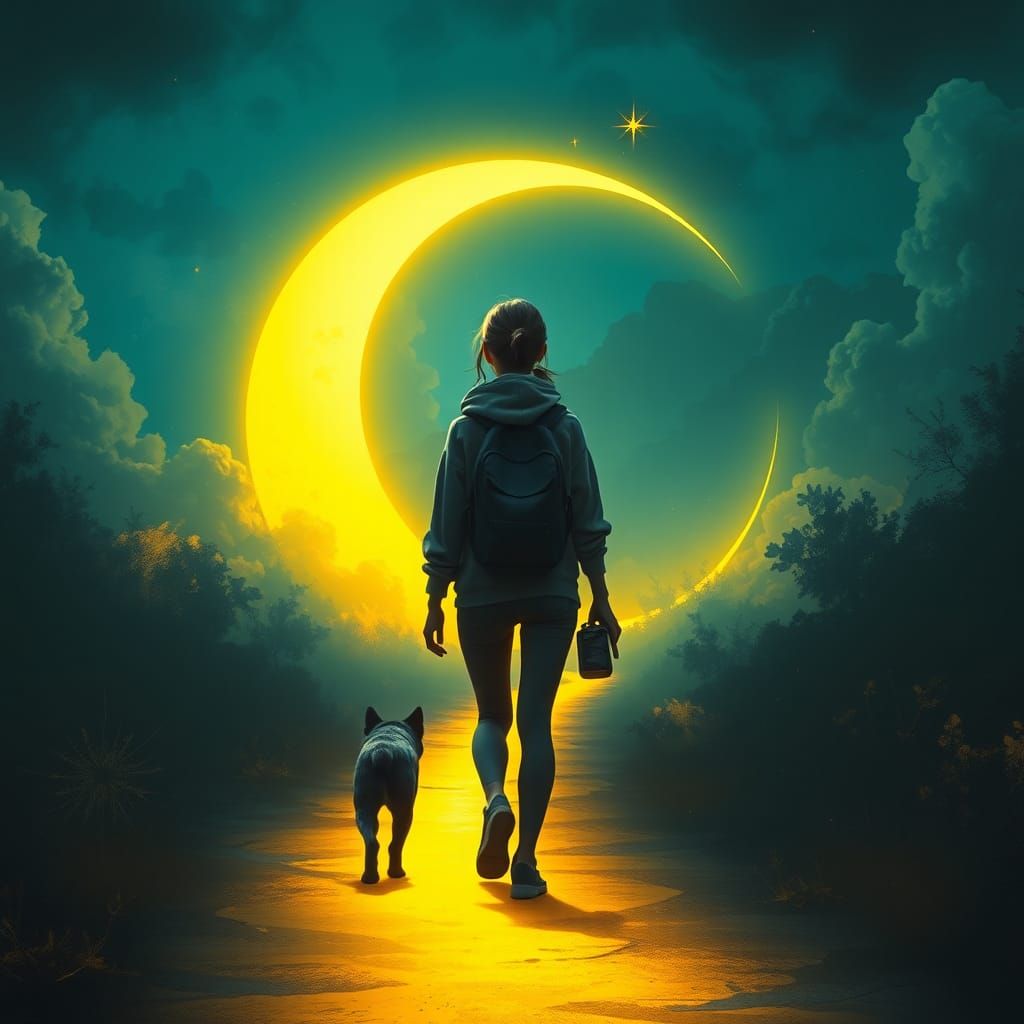 Woman and Dog on Glowing Path in Surreal Landscape
