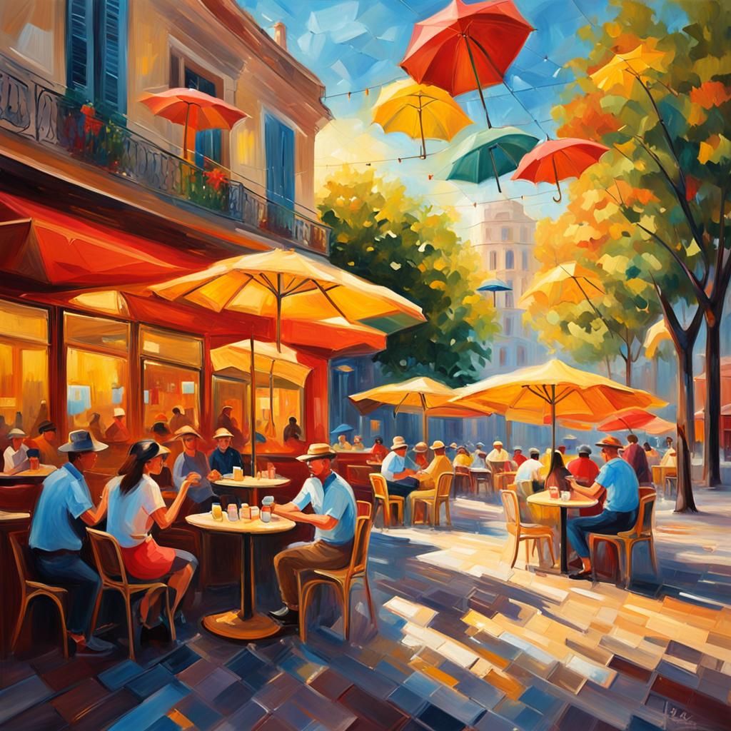 Impressionist Cafe Scene with Colorful Umbrellas and People