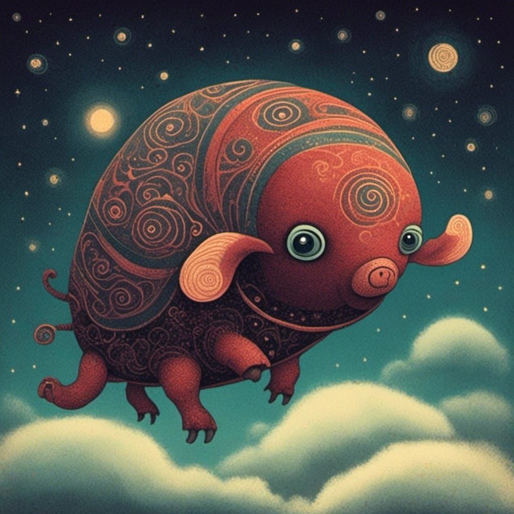 Flying Robot Pig in Night Sky
