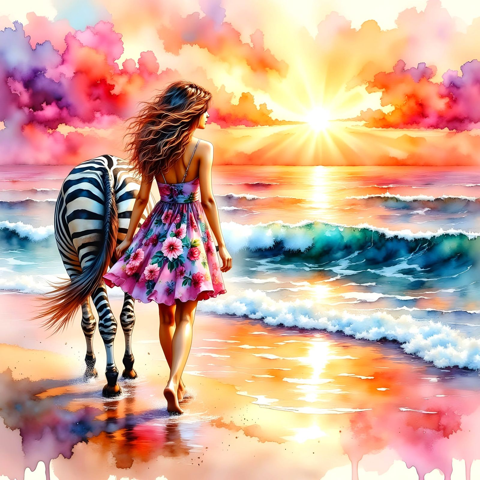 Ethereal Beach Scene with Elegant Girl and Zebra