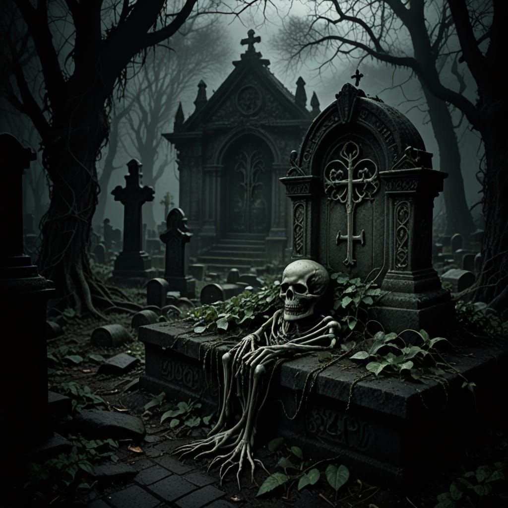 Gothic Biomechanical Tombstone in a Foggy Graveyard