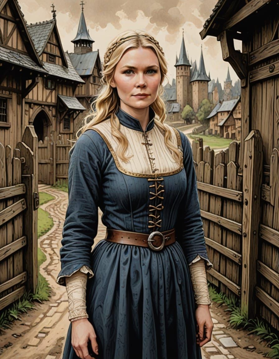 Medieval Noblewoman in a Bustling Woodland Borough