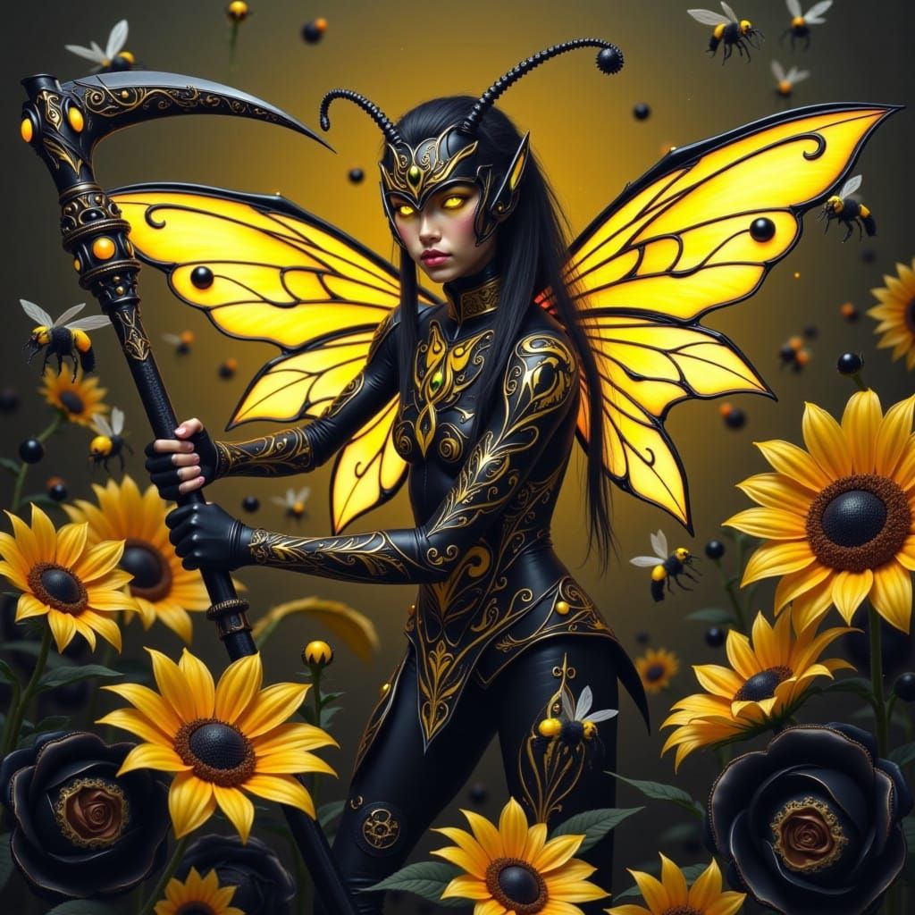 Bumblebee Battle Queen with Scythe in Dark Fantasy Style