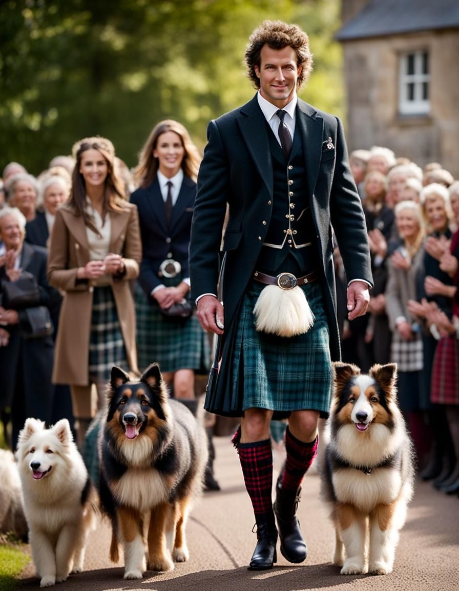 Real shepherds demonstrate latest genuine "Shepherds check" plaid kilts on the outdoor catwalk with their sheepdogs