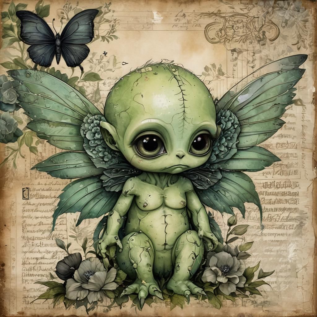 Gothic Alien Baby in Starry Garden Watercolor