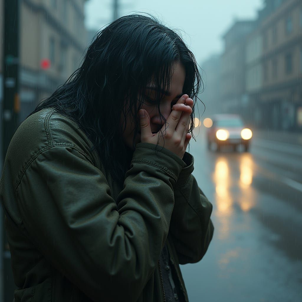 Desperate Young Woman Weeps in Rain, Haunted by Desolation a...