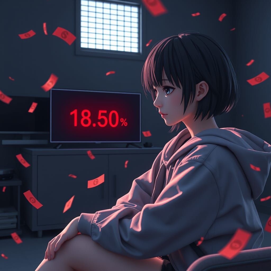 Woman Overwhelmed by Debt in a Futuristic, High-Tech World