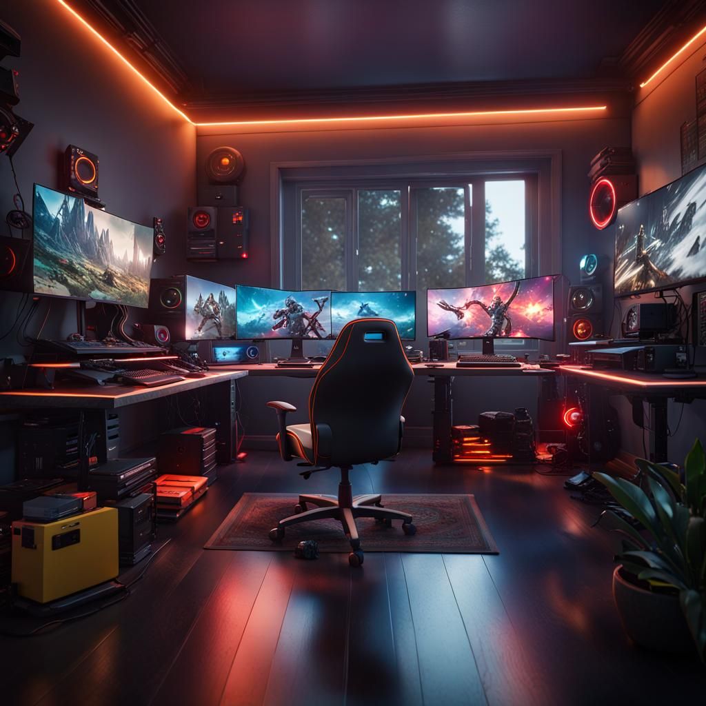 Gaming PC Setup with Steering Wheel in 3D