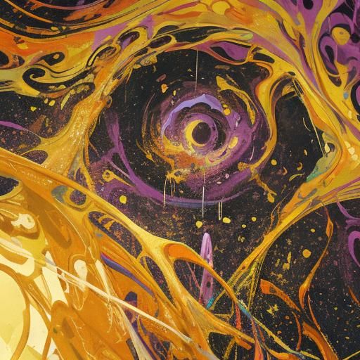 Abstract Expressionism: Swirling Purple and Gold Fluids