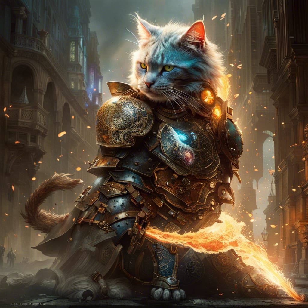 an iridescent, detailed, cat wearing armor battling against a dragon breathing fire, highly intricate and hyperdetailed...