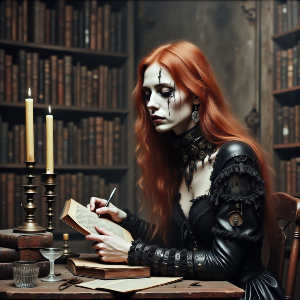 Fae Woman Studying Book in Castle Library