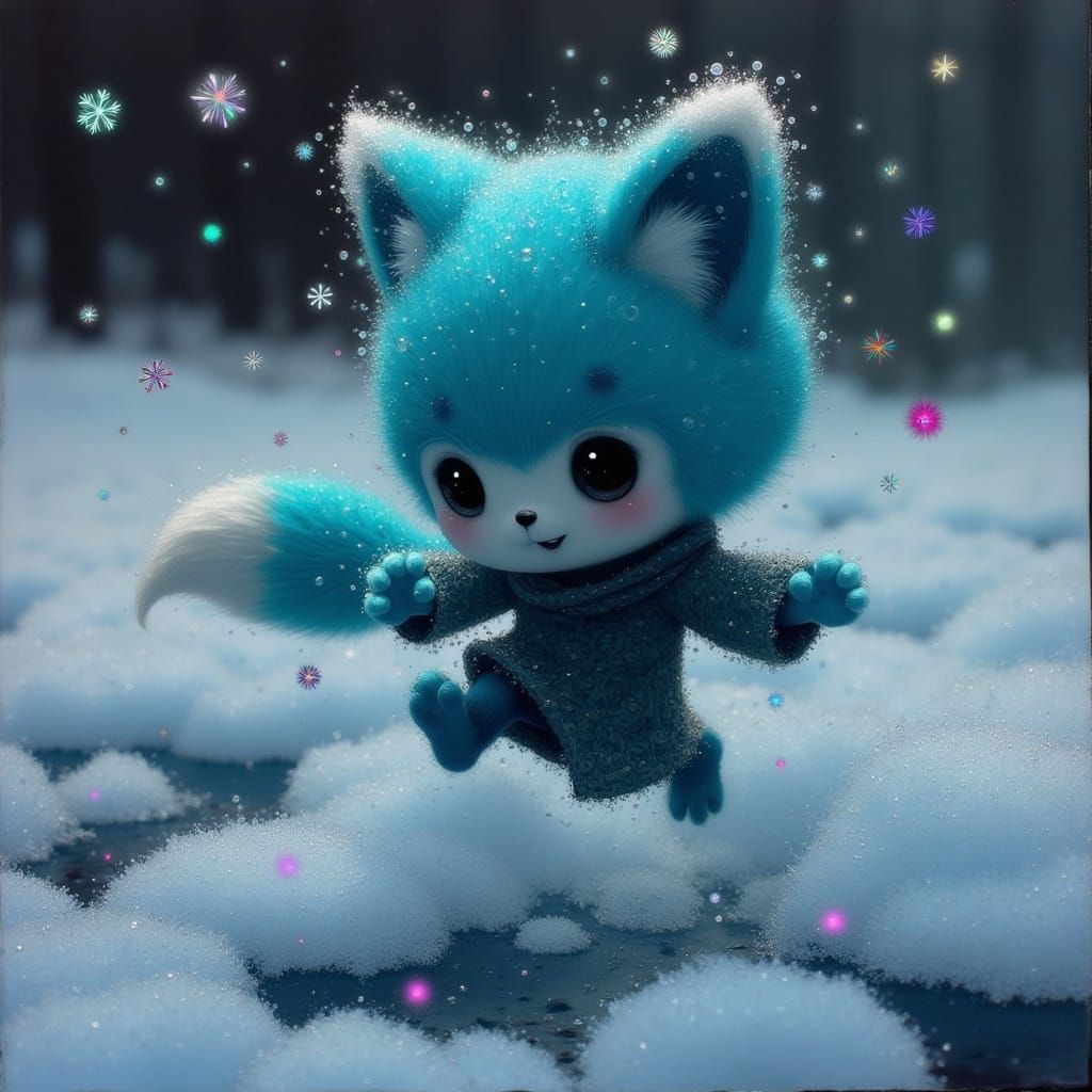 Turquoise Snow Fox Kit Leaps into Winter Wonderland