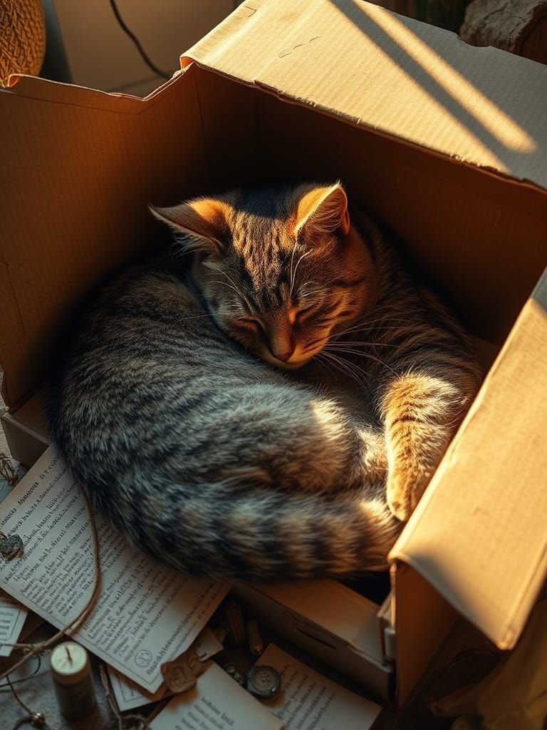 Cozy Cat Nap in Cardboard Box: Vintage Illustration