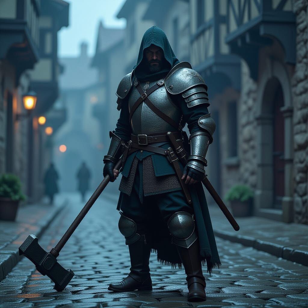 Hyperrealistic Musketeer Stands Guard on Misty Street