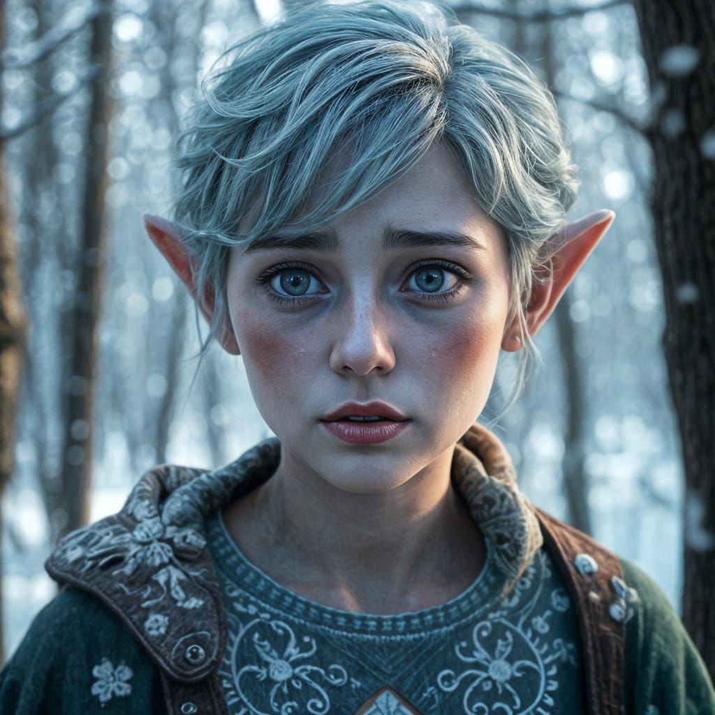 Blue Elf Crying in Snowy Forest: Romantic Portrait
