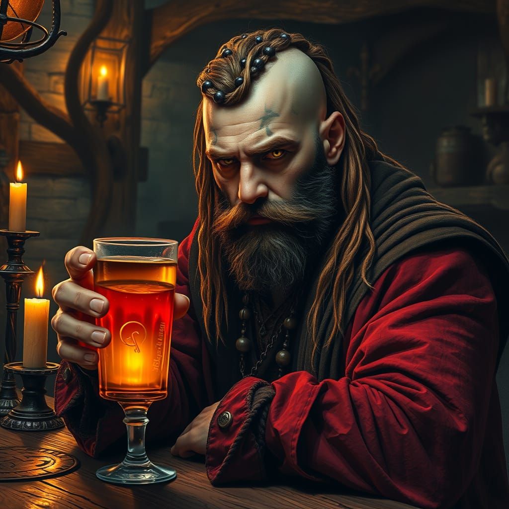 Mysterious Sorcerer in Candlelit Tavern, Amber Eyes