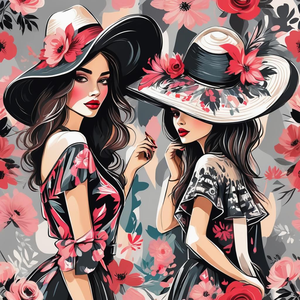 Abstract Fashion Art: Two Girls in Pink and Black