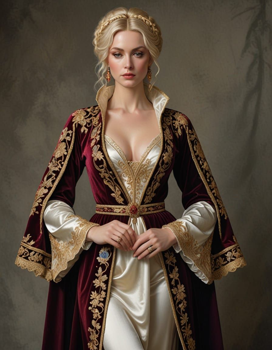 Renaissance Noblewoman With Elaborate Haircut And Gown