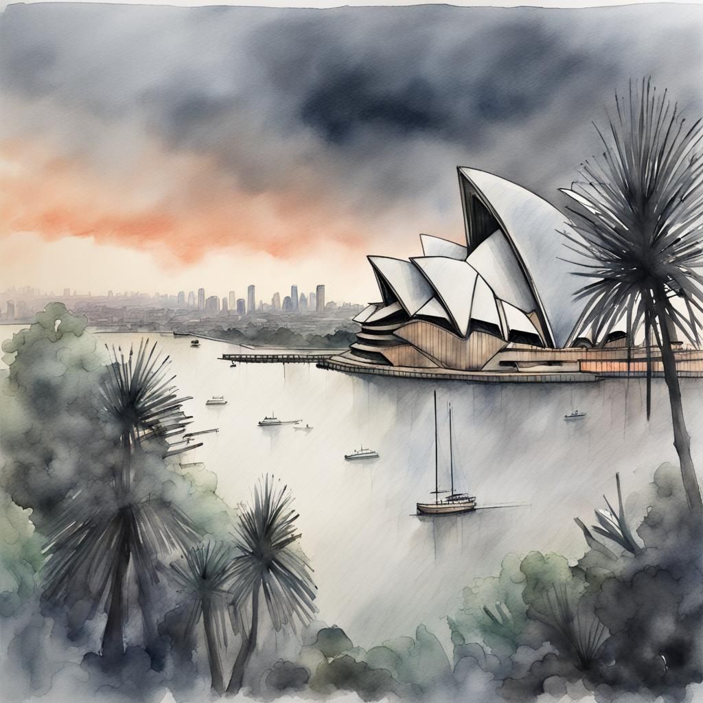 Sydney Opera House: Watercolor and Ink Landscape